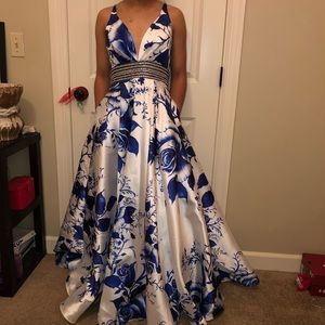 Blue and white formal dress